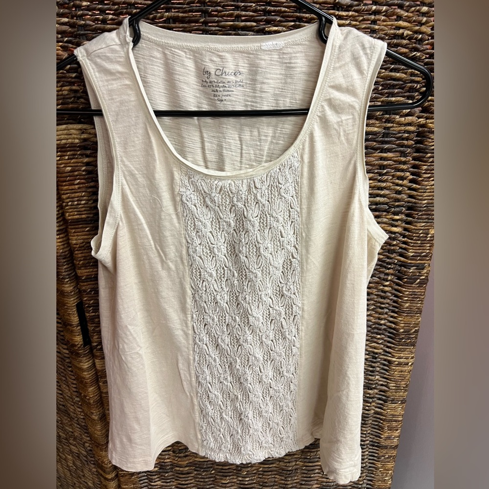 Chicos- Cream Tank with Macrame Front-Size:1, Pre-Owned‎